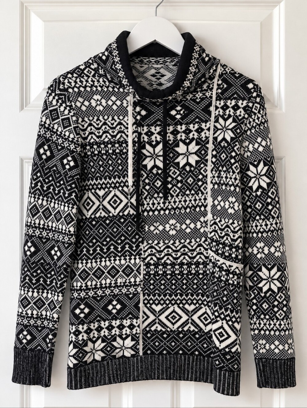 Woolrich S Fair Isle Nordic Funnel Neck Pullover Sweater Black White